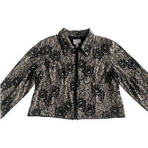 Joseph Ribkoff Vintage Spangle Black White Floral Full Zip Sequin Women Jacket